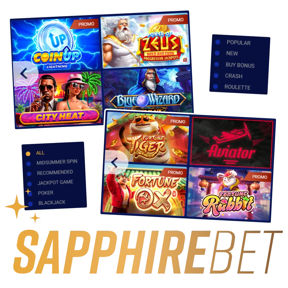 Play slots, live casino games, table games, roulette, and other casino games at SapphireBet.