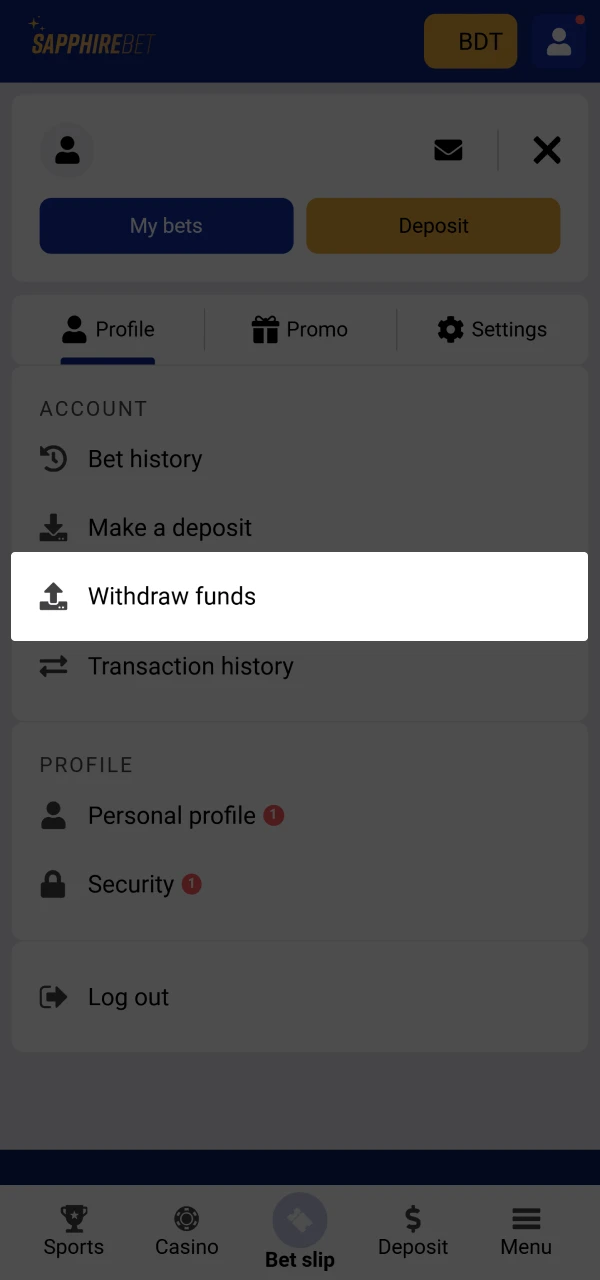Find the Withdraw funds button on the SapphireBet website.