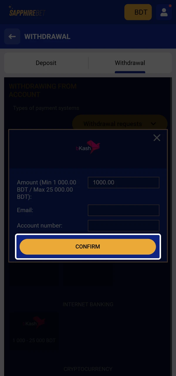 Confirm the withdrawal from SapphireBet and wait for the money to appear in your bank account.