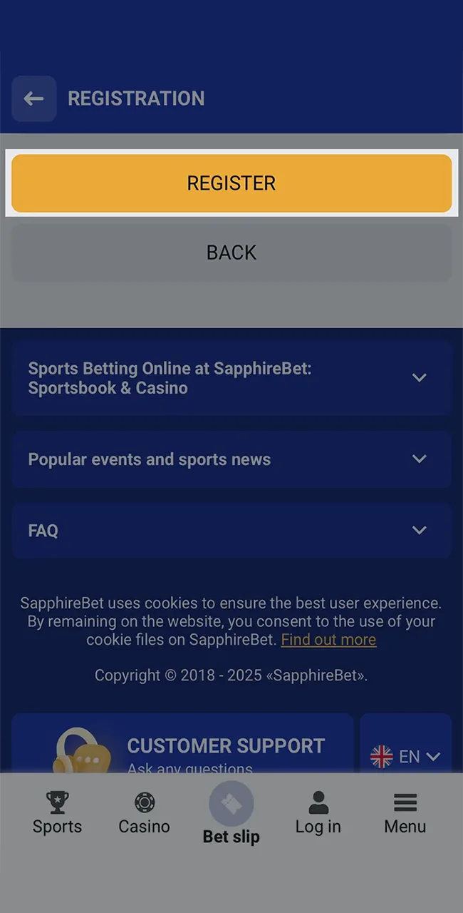 Complete the sign up process at SapphireBet to enjoy your favorite games.