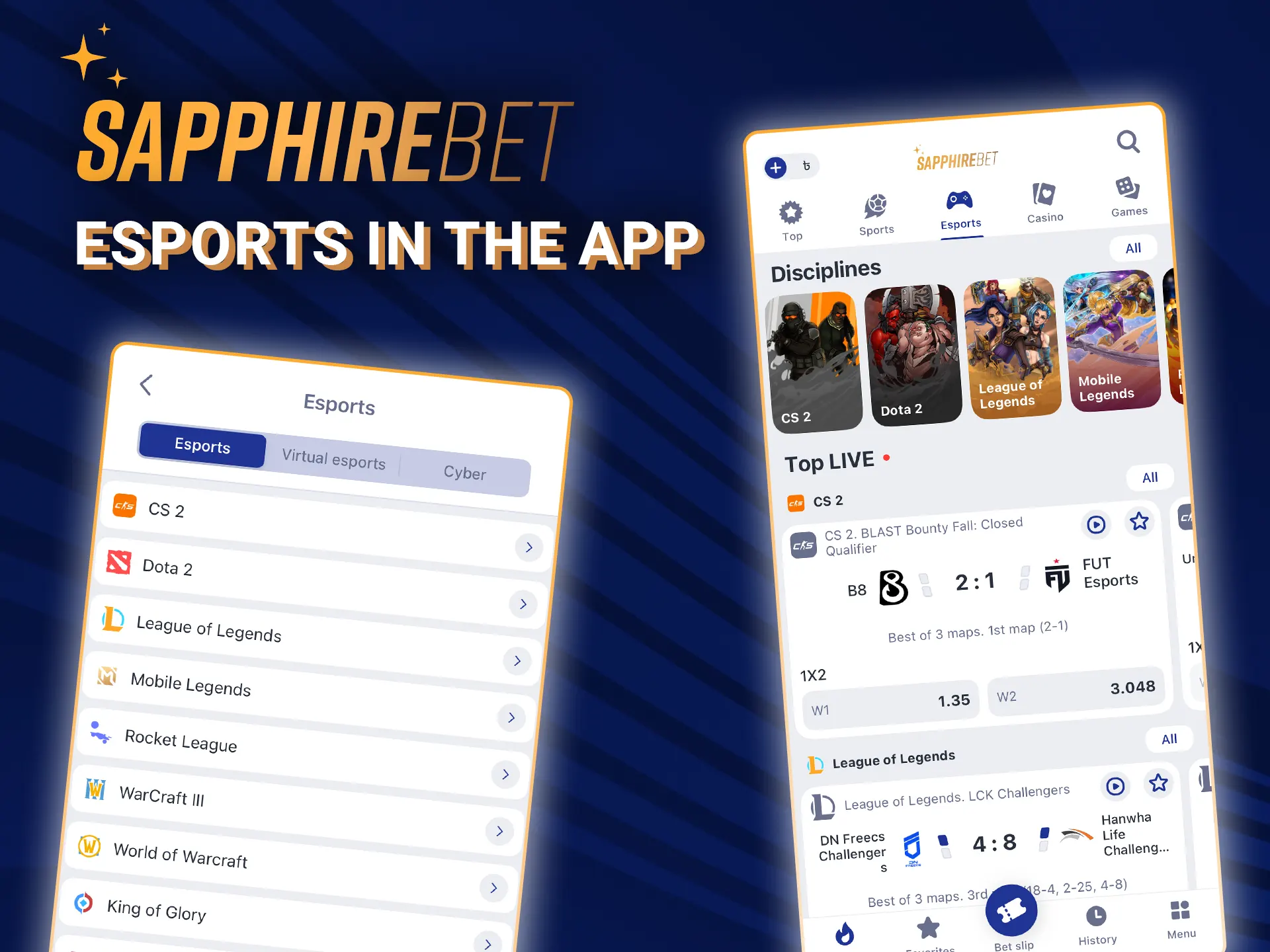 Open esports betting in the SapphireBet app.