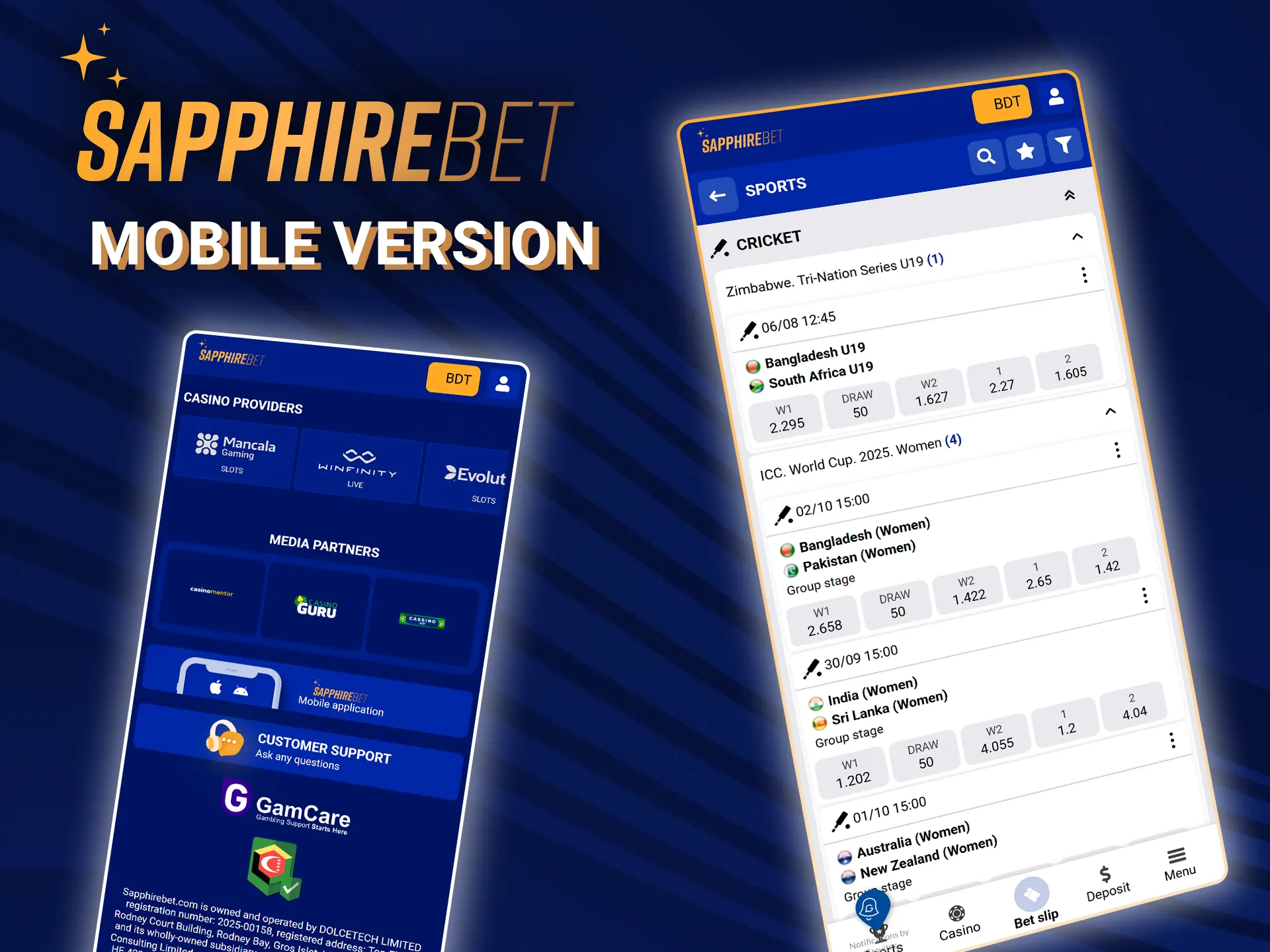 Open the mobile version of SapphireBet and place bets anywhere.