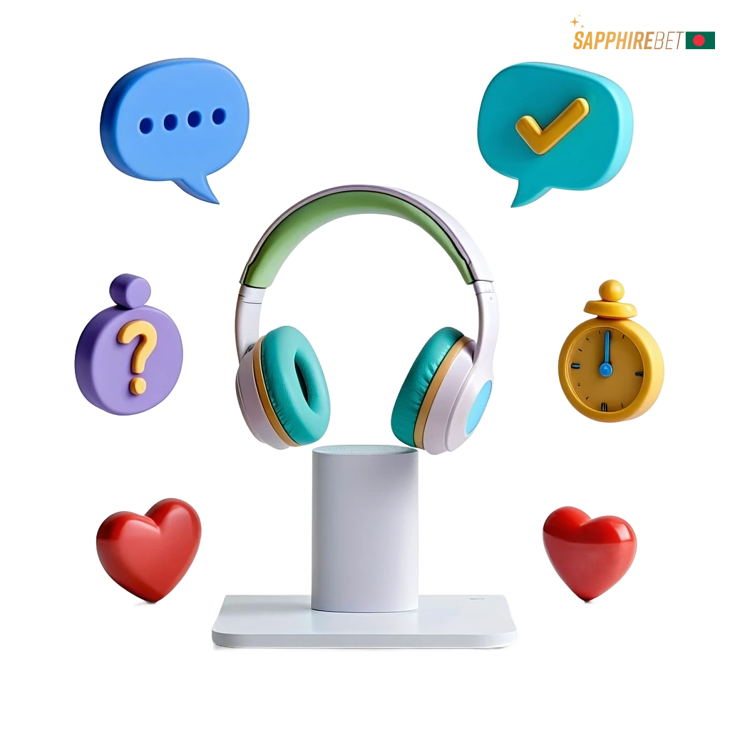 SapphireBet Bangladesh support: 24/7 live chat, email, messaging; Bangla/English; no phone; reply times shown.