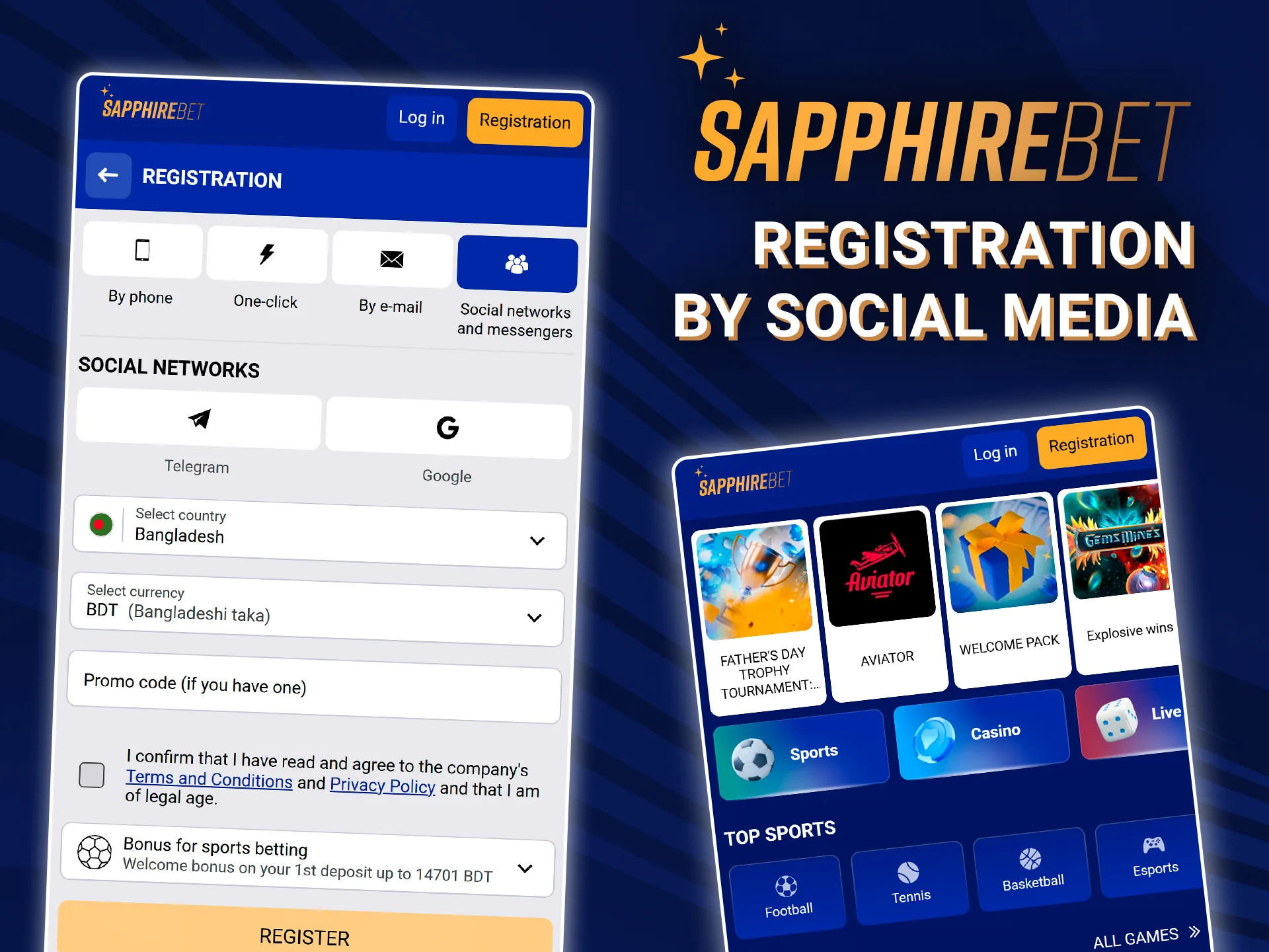 Log in to SapphireBet via your social network.