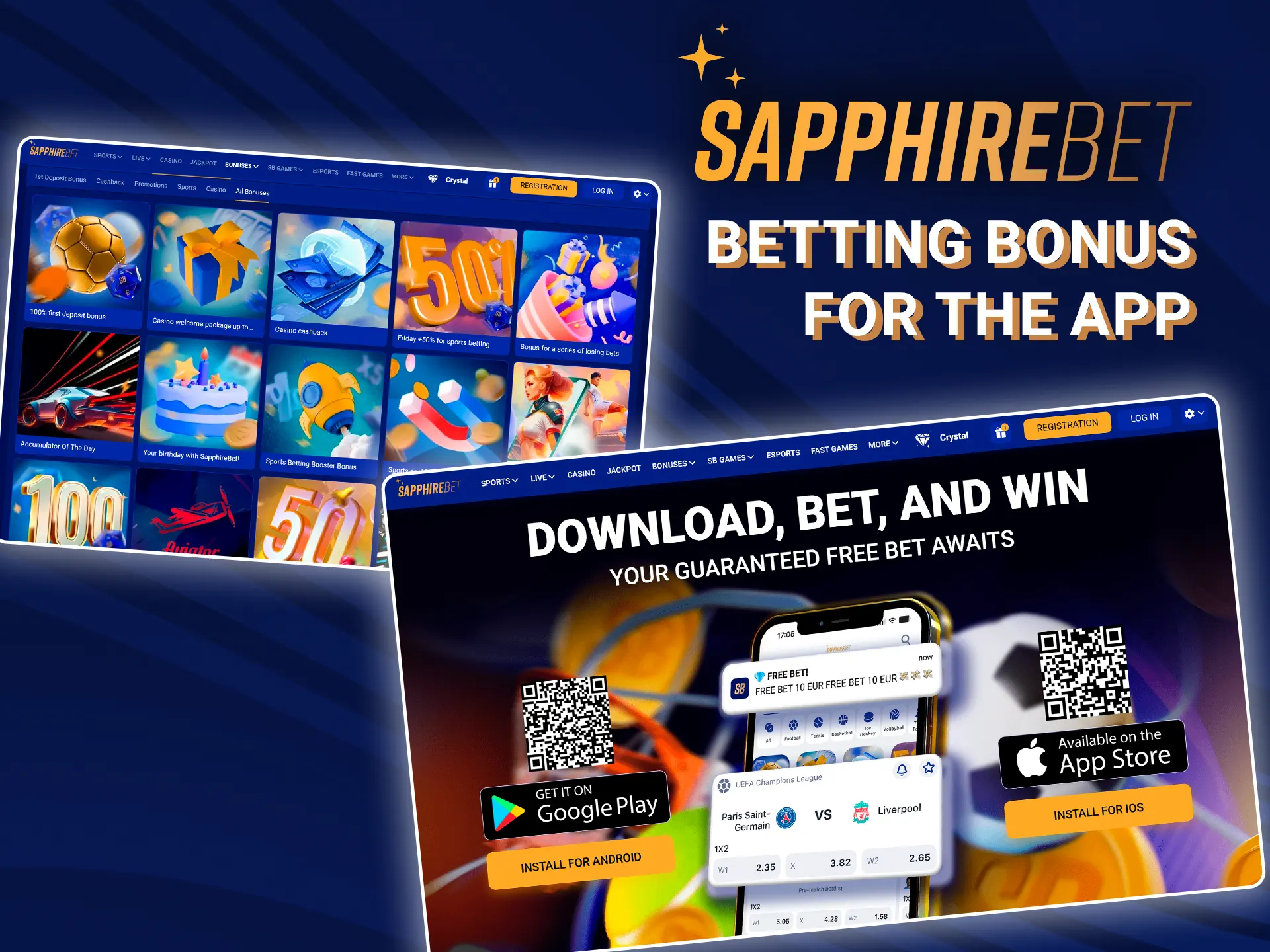Make a deposit at SapphireBet and receive a bonus for betting in the app.