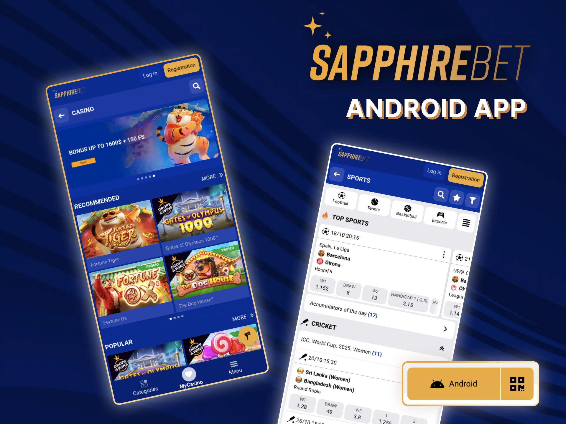 It's even easier to bet on sports and play casinos in the SapphireBet app on your android.