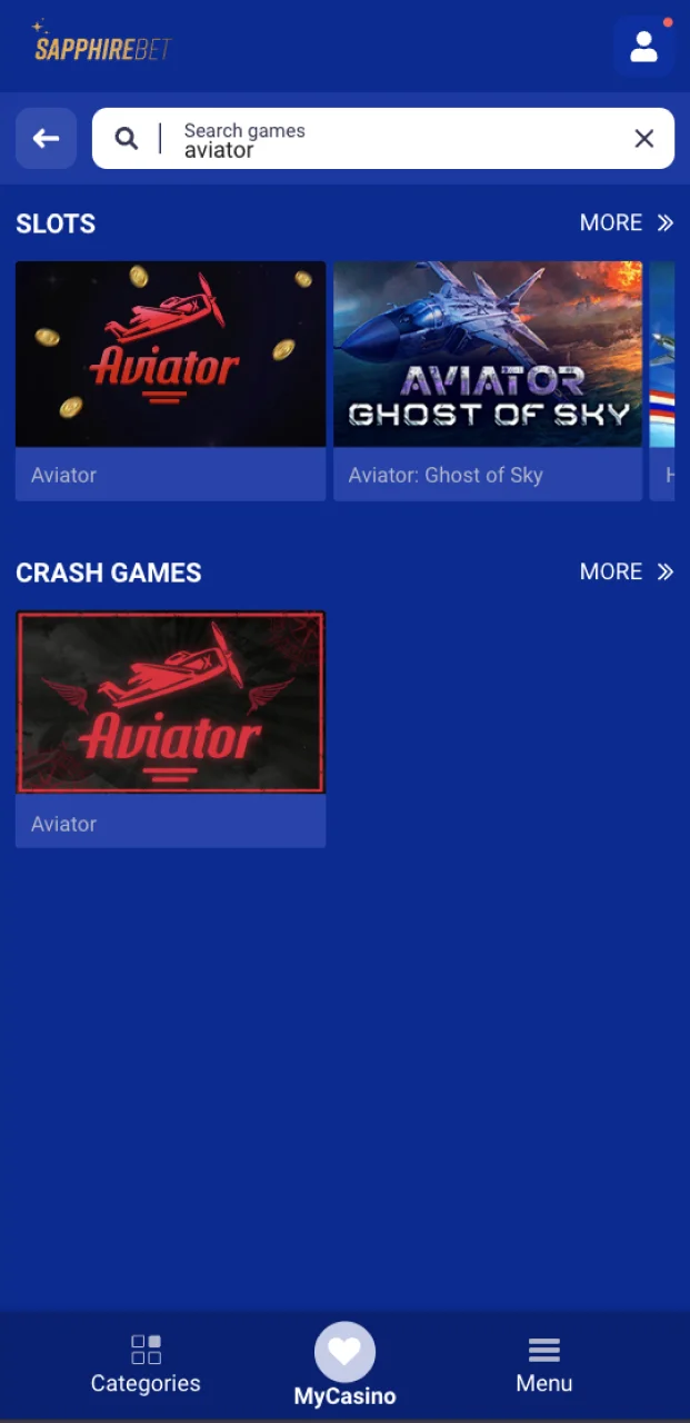 Use the search bar on SapphireBet to find the aviator game.