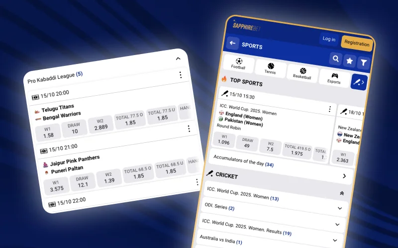 On the SapphireBet bookmaker website there are a large number of bets on cricket and kabaddi.