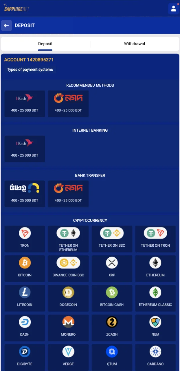 Make your first deposit to start betting on SapphireBet.
