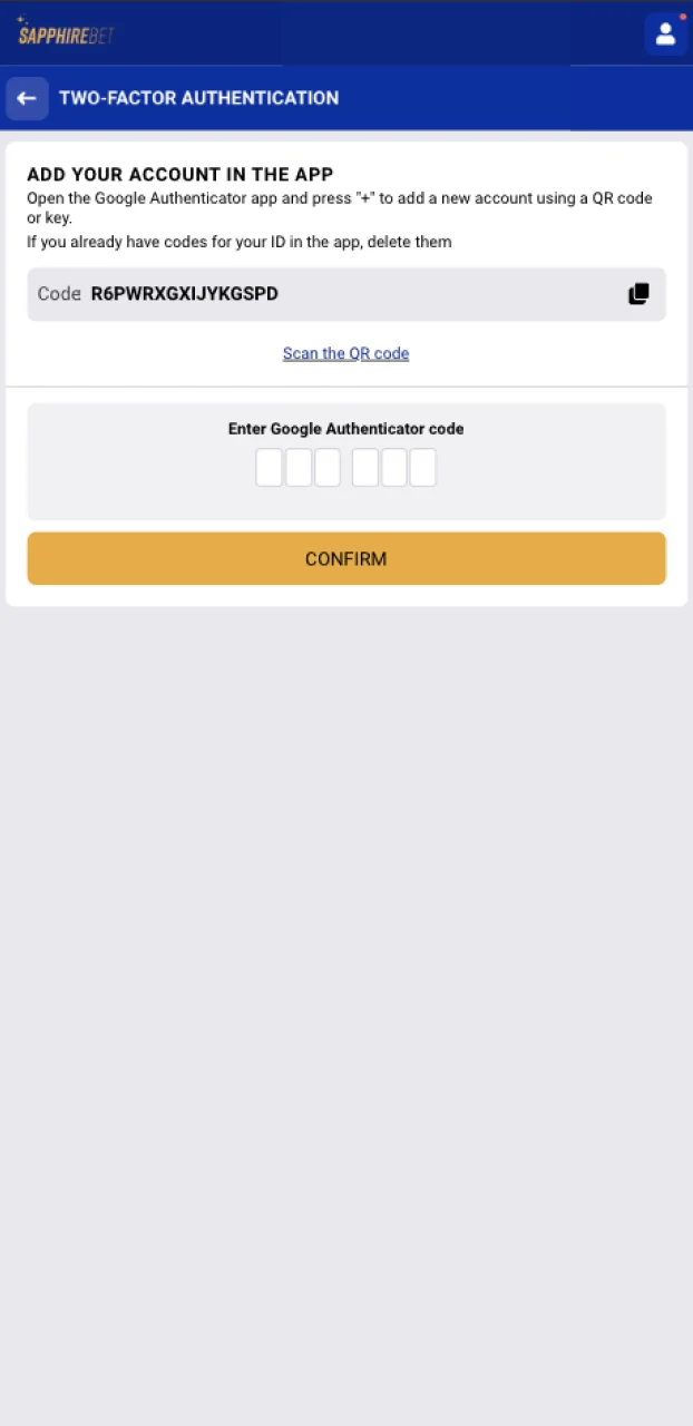 The SapphireBet site has the ability to complete 2FA if needed.