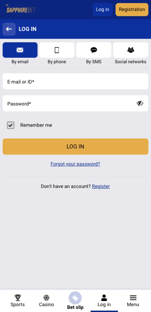 Choose a convenient way to log into the SapphireBet site and enter the required data.