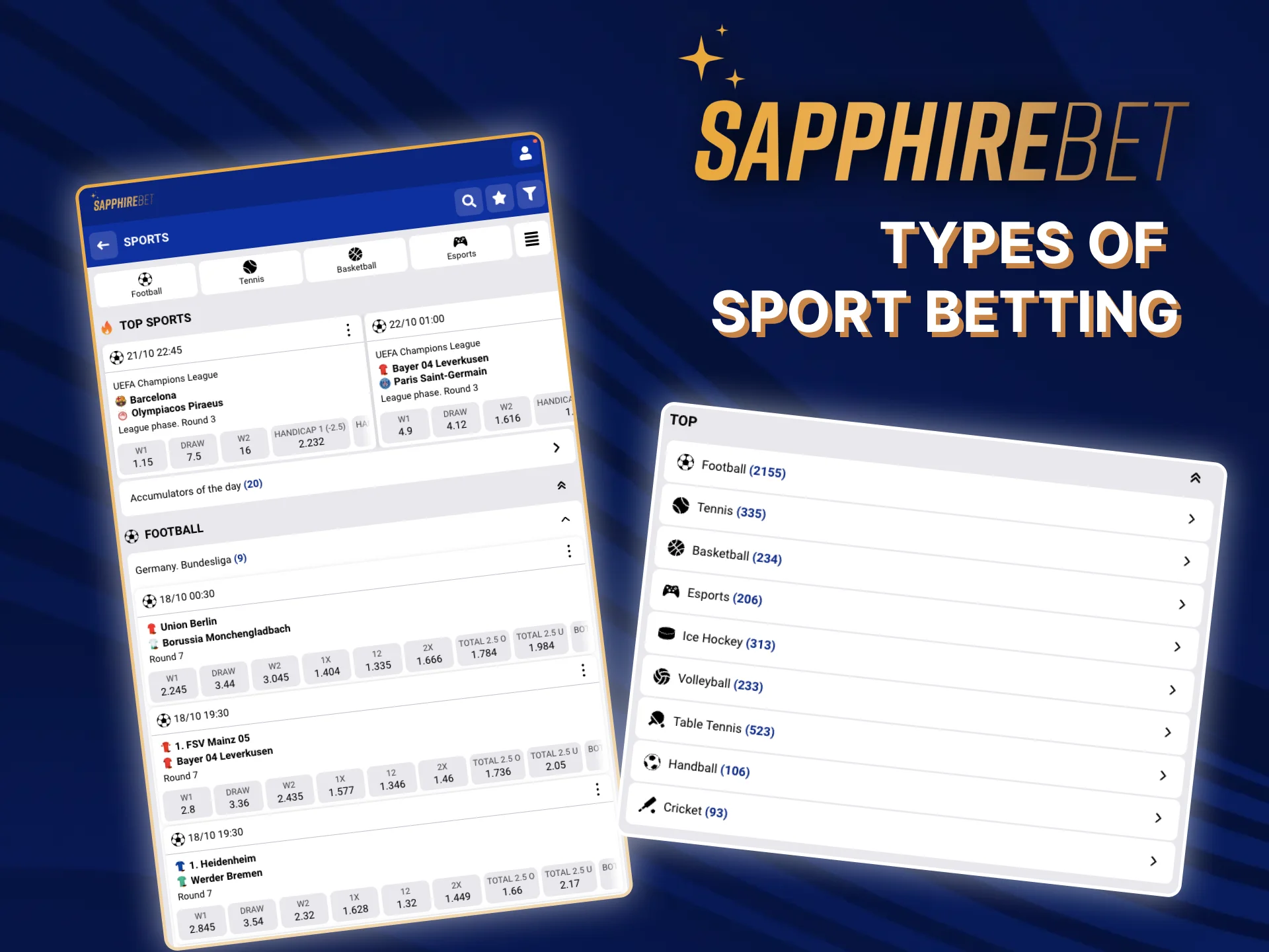 You will be surprised by the wide selection of sports betting types on the SapphireBet bookmaker's website.