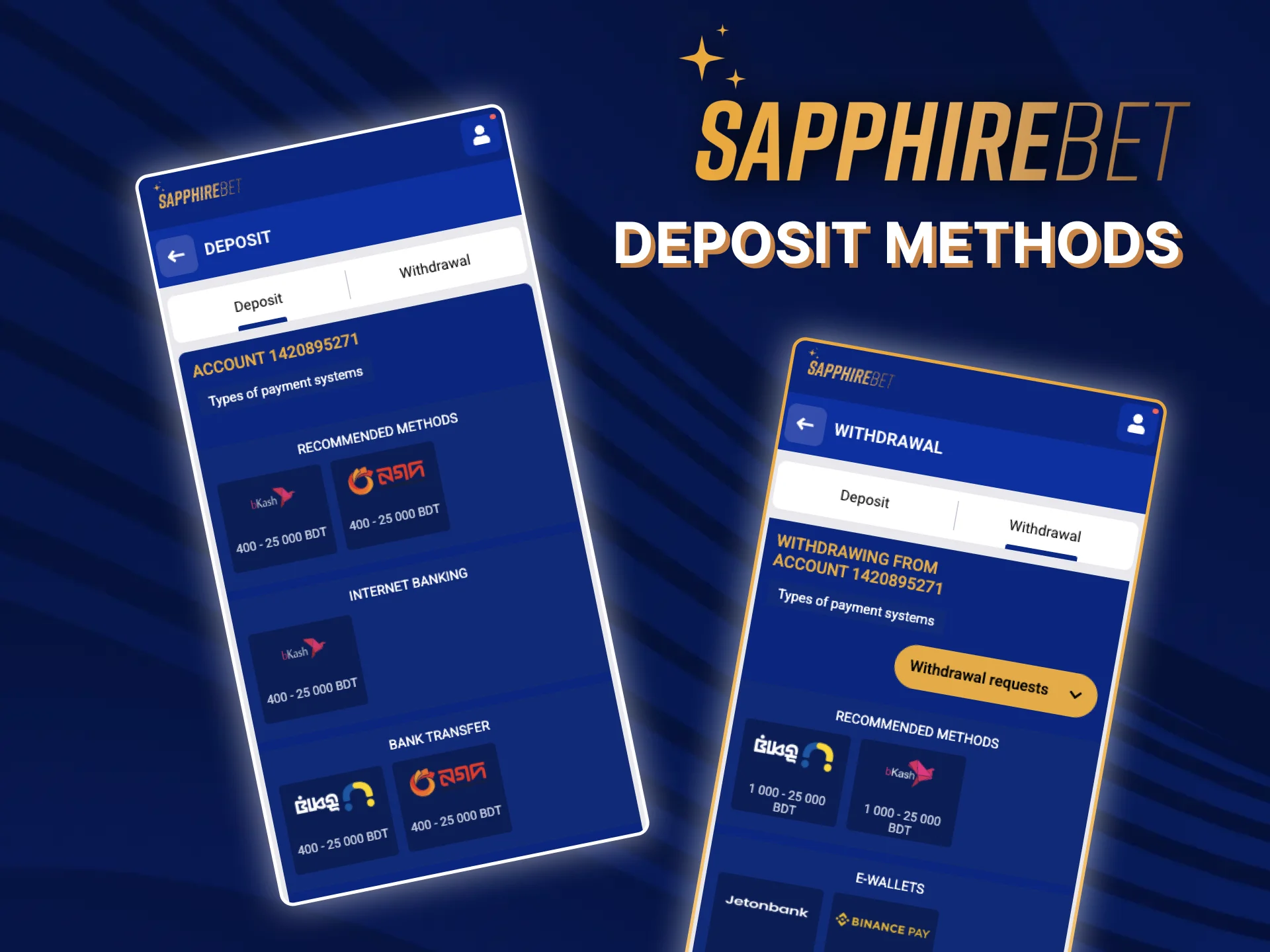 On the SapphireBet website you will find a large number of deposit methods and will definitely find the one that suits you.