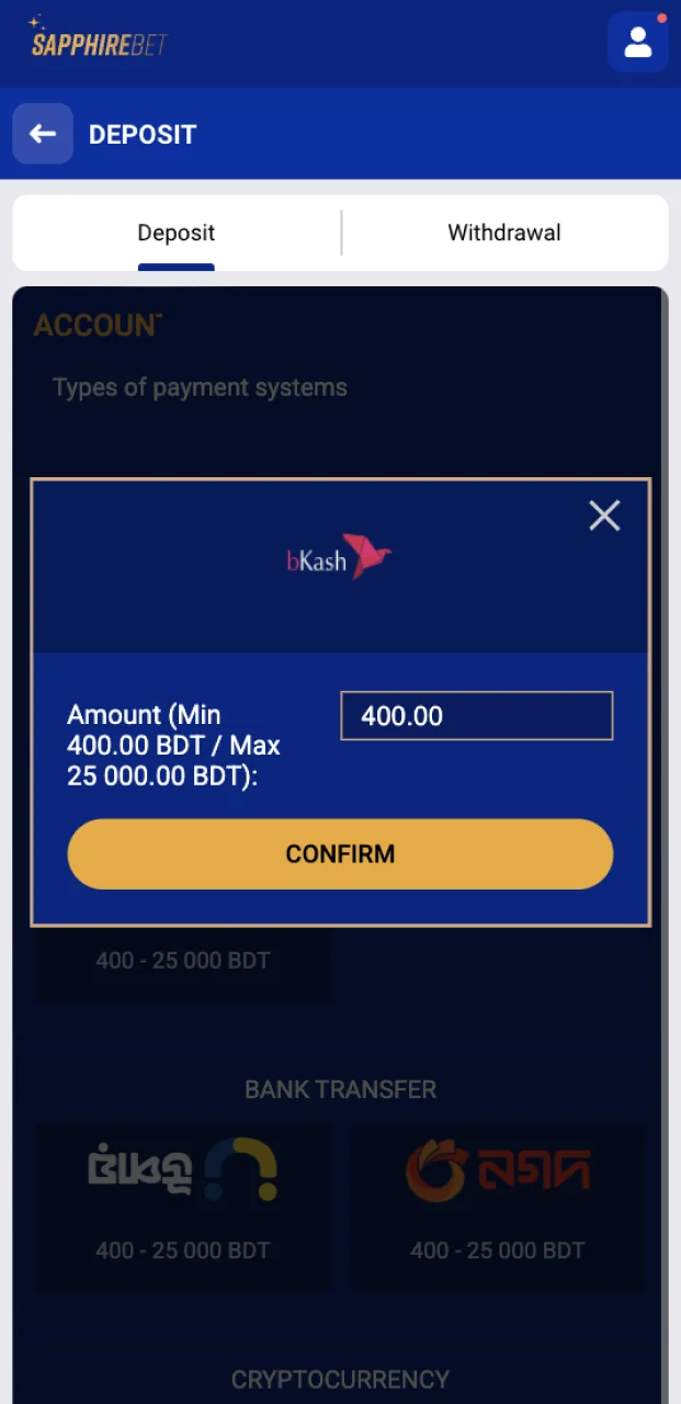 Confirm your payment to top up your SapphireBet account and start betting and playing the casino using the promo code.