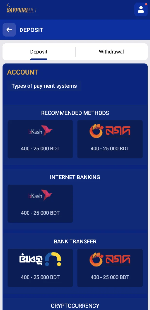 To use the bonus code, choose a convenient deposit method on the SapphireBet website.