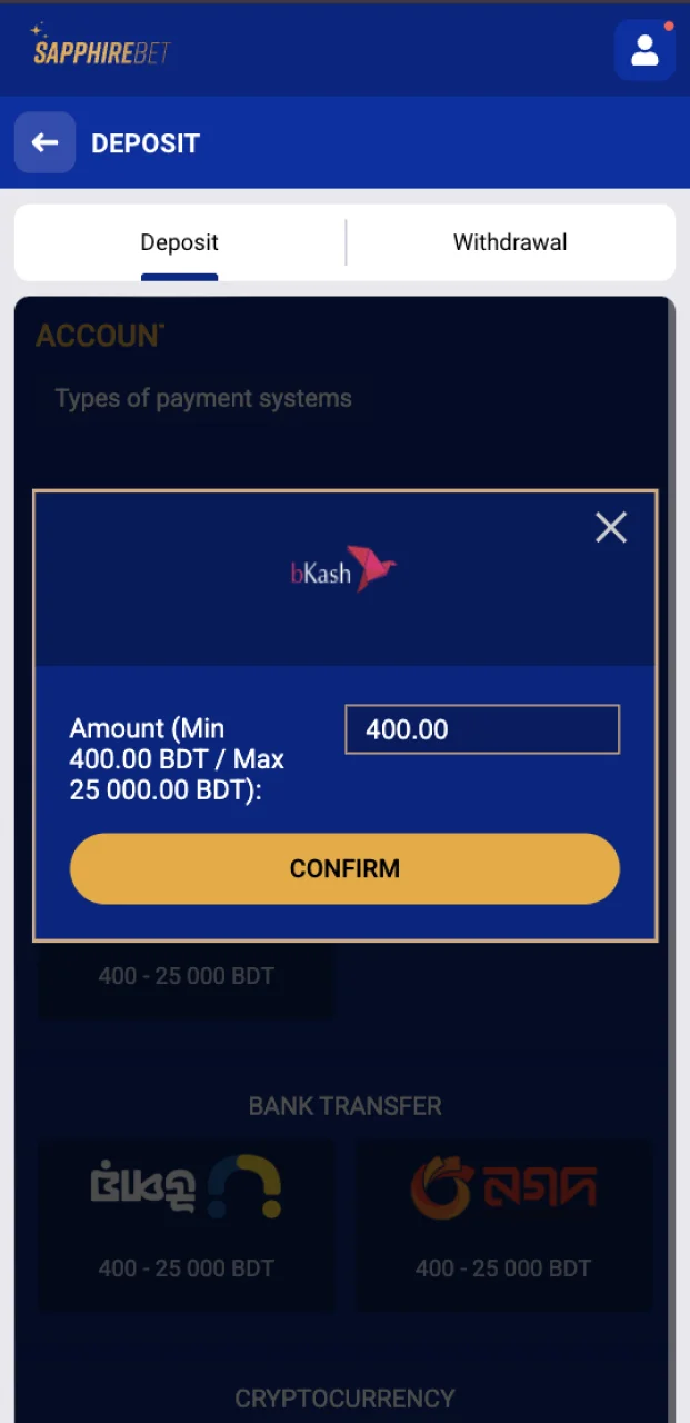 Enter the required payment amount to top up your SapphireBet account and use your promo code.