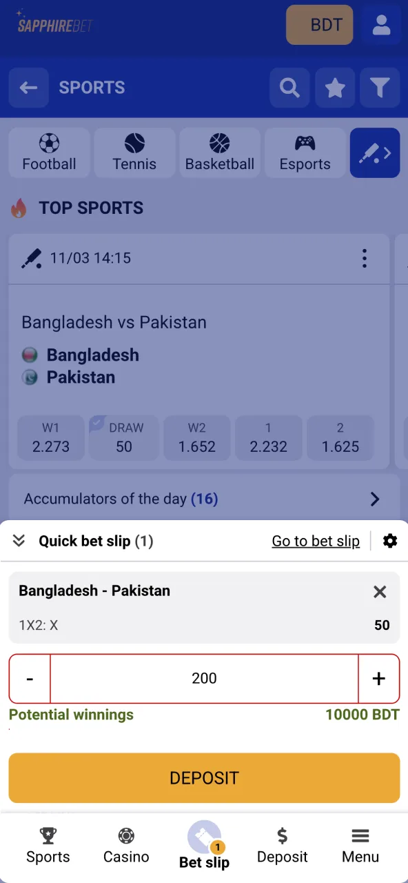 Place cricket wagers instantly using SapphireBet bet slip.