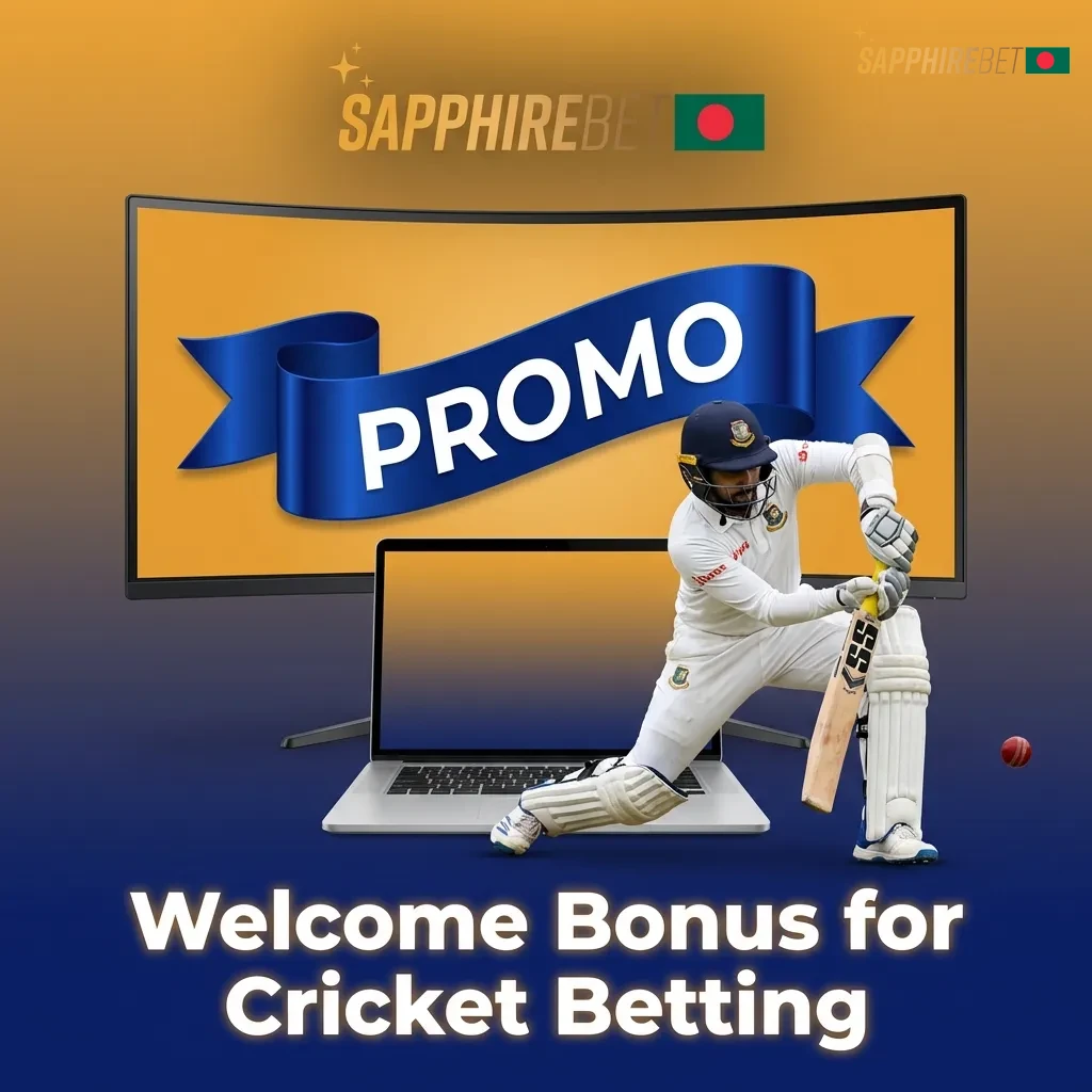 SapphireBet cricket betting welcome bonus banner showing 100% deposit match up to 214,804 BDT plus 150 free spins offer